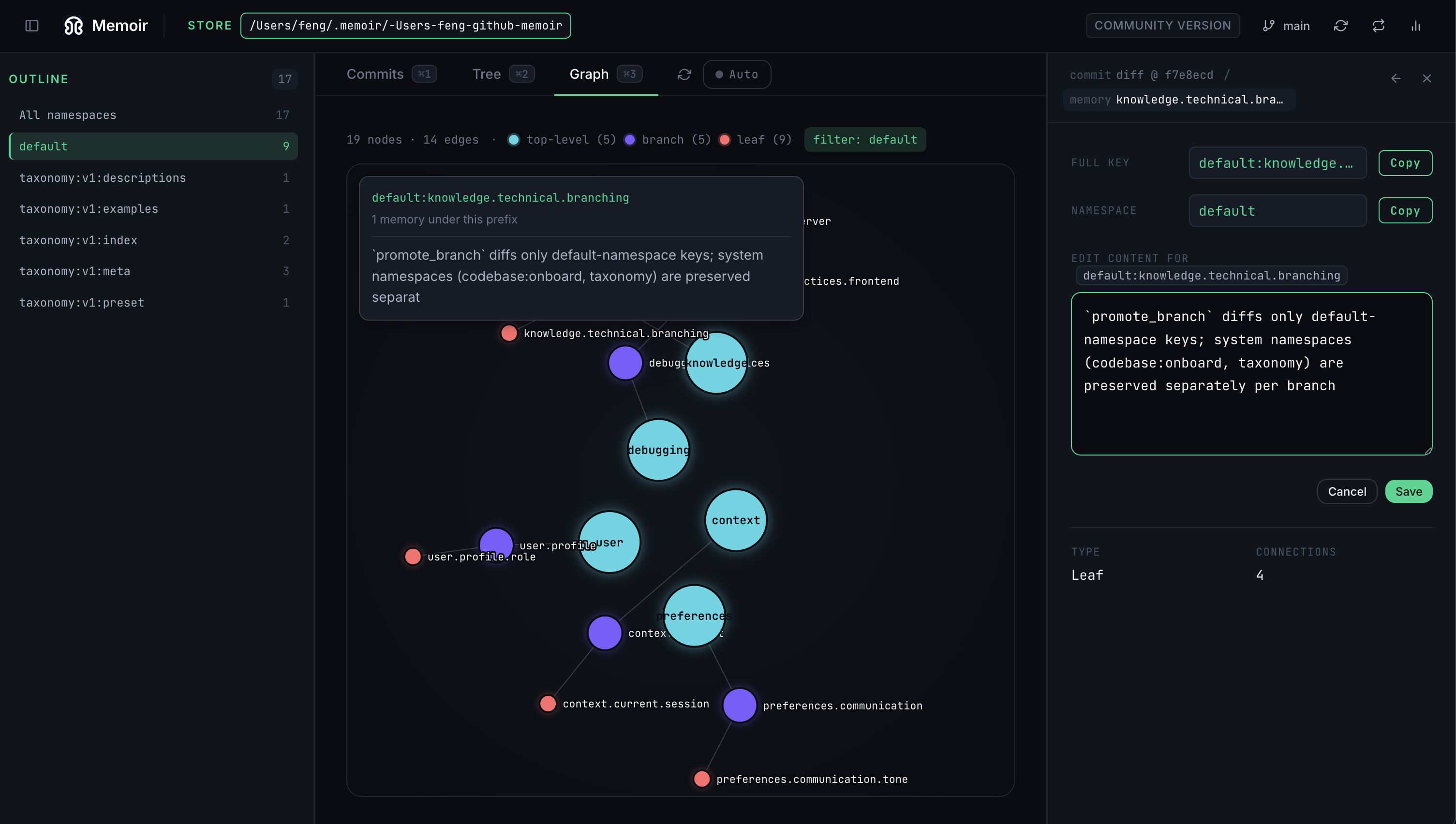 Memoir UI — Graph view with commit rail